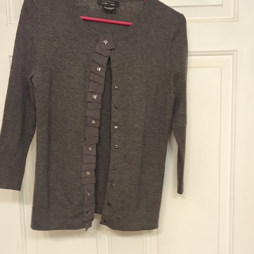 Bloomingdale Gray cashmere Cardigan with Ruffle Detail